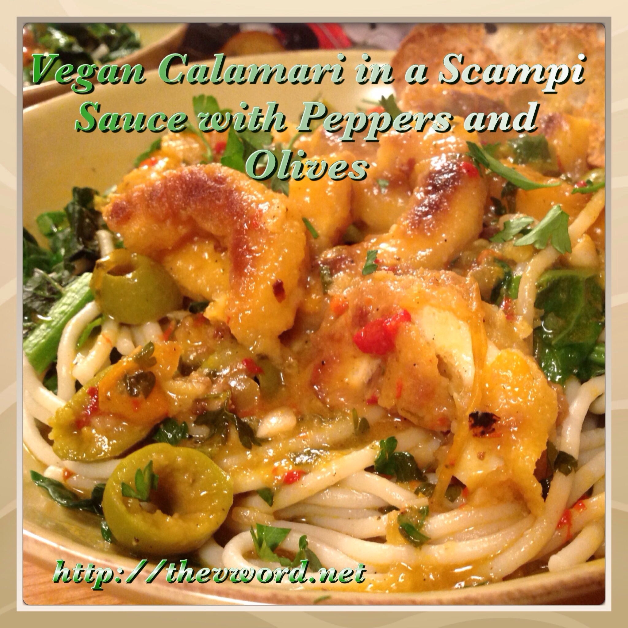 vegan calamari in a scampi sauce with peppers and