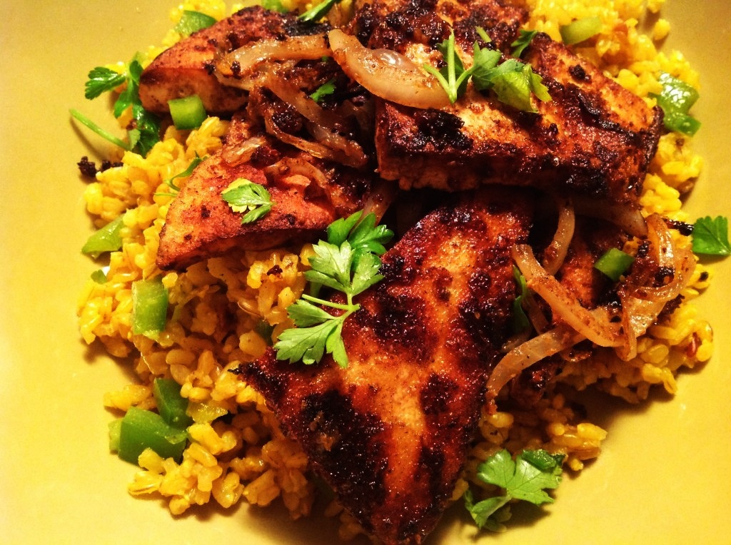 ChileRubbed Tofu and Onions over Spanish Rice The "V" Word